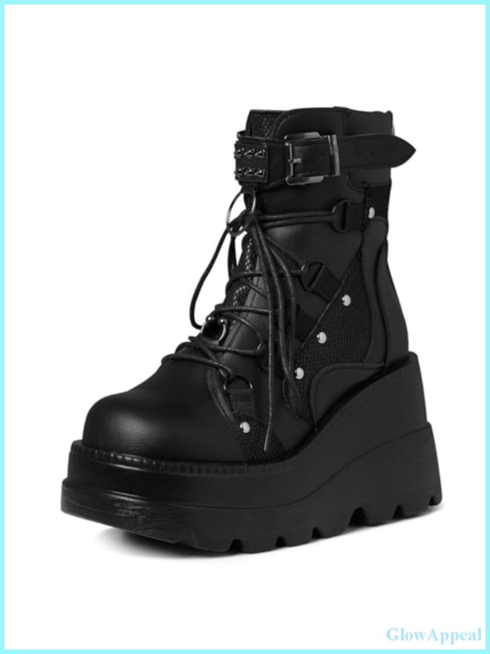 Goth Platform Boots Women Chunky Wedge Heel Lace Up Vegan PU Leather